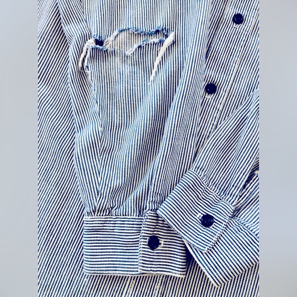 Distressed VTG embroidered patchs railroad ticking shirt XL Natural inst… - Picture 15 of 16